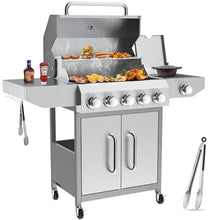 Llamaviva 5 Burner Propane Gas Grill with Side Burner,Stainless Steel BBQ Grill with Porcelain-Enameled Cast Iron Grates, 68000 BTU Cabinet-Style Cart Design for Outdoor Patio Barbecue- food clip