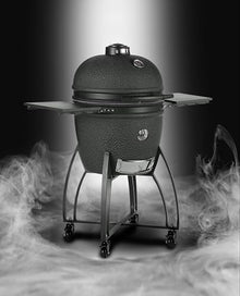Saffire Carbon Kamado – Large Ceramic Grill and Smoker, 19" Charcoal Grill with Crucible Firebox, Smokin’ Chip Feeder, Two-Piece Heat Deflector, Multi-Grids, Ash Tool – Matte Black