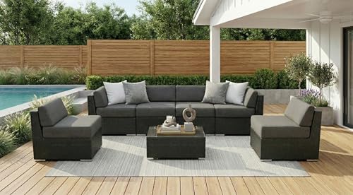 Ohana Depot Fully Assembled 7 Piece Outdoor Patio Furniture with Sunbrella Taupe 6-inch All-Weather Rainshield Cushions and Oversized Seats