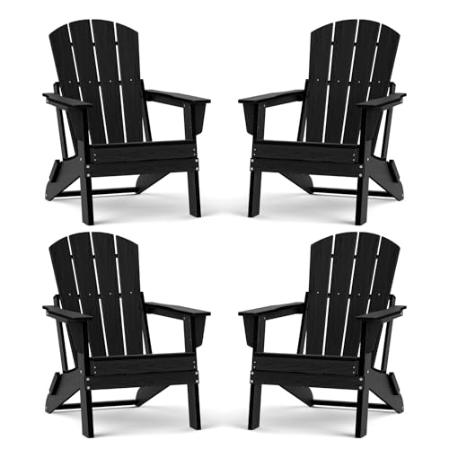 EcoVida Outdoors Lightweight Folding Adirondack Chair Set of 4, HDPE, Black