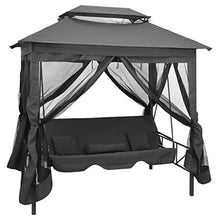 Outdoor 3-Person Convertible Swing Bench with Canopy, Anthracite Powder-Coated Steel Patio Bed, Backyard Garden Lounge Chair with Curtains and Pillows