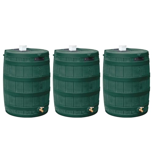 Good Ideas Rain Wizard Water Storage High Quality Collection Barrel with Brass Spigot, Safety Screen, and 50 Gallon Capacity, Green (3 Pack)