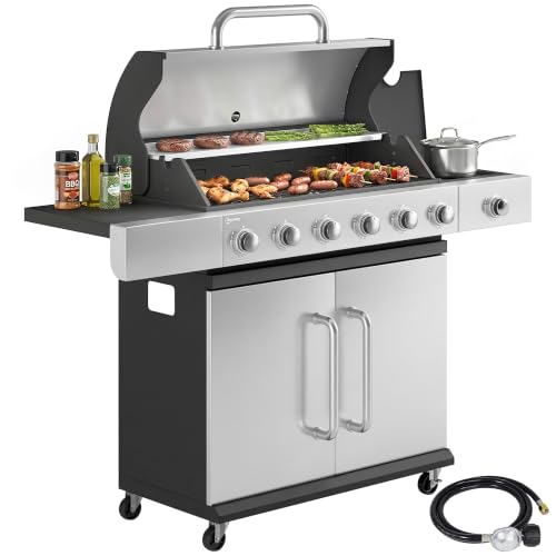 Outsunny 6 Burner Propane Gas Grill 63,000 BTU with Side Burner Wheels