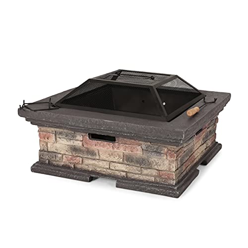 FammyLoft 29 Inch Fire Pits for Outside Wood Burning, MGO Square Firepits for Outside, Wood Burning Fire Pit for Camping, Garden, Backyard, Bonfire Party, Stone Gray