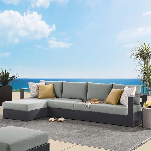 Modway Tahoe Modular Aluminum 3-Piece Outdoor Patio Furniture Gray, Left-Facing Sectional Sofa Set with Weather-Resistant Cushions, Ideal for Deck, Backyard, Poolside