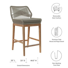 Modway Wellspring 3-Piece Teak Wood Outdoor Bar Set in Light Gray Greige – Bar Height Patio Dining Set with 2 Woven Rope Bar Stools and 1 Wood Pub Table
