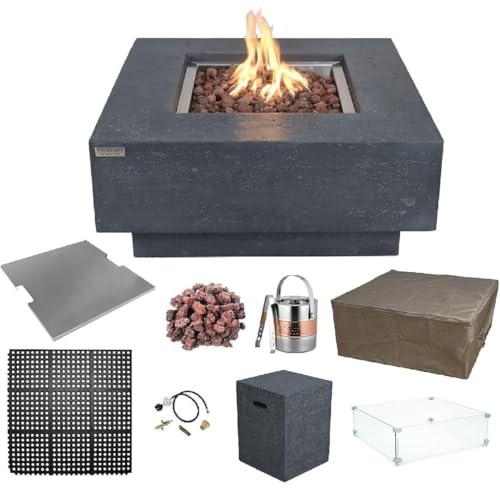 Elementi Manhattan Gas Fire Pit Bundle Concrete Fire Table, Outdoor Fire Pit Electronic Ignition | Canvas Cover, Lava Rock Included | Free AMS Wind Guard | Dark Gray (Propane Gas)