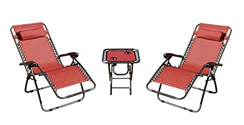 Akari Decor 3pcs Set Deluxe 2-Pack Furniture Zero Gravity Chairs Outdoor Indoor Portable Lounge & Folding Table w/Cup Holder Set for Beach Recliner Camping Lawn Balcony Deck, (3 pcs Set) (Red)