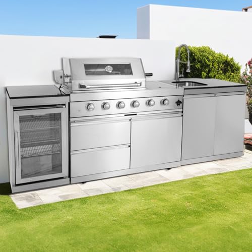 98" Modular Outdoor Kitchen Island with Grill and Side Burner, 4-Burner 72,000 BTU Propane BBQ Island, Refrigerator, Integrated Sink & Prep Station, for Backyard and Patio Cooking, Silver