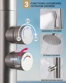 CHALIRS 316 Marine Grade Stainless Steel Free Standing Outdoor Shower with Foot Wash, 3-Function Nickel Shower Kit with 10''Rain Shower Head,Outdoor Shower Fixture for Backyard Beach Poolside