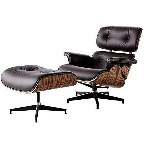 DESALAI Patio Lounge Chair with Ottoman,Indoor/Outdoor Lounge Chair Faux Leather Aluminum Alloy Base,Mid Century Lounge Chair Swivel Chair Soild Wood Swivel Chair Armchair, Walnut