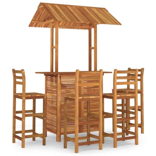 TEKGHUT 5 Piece Patio Bar Set Solid Acacia Wood with Stools