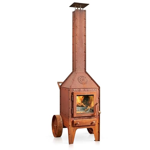 RB73 Bijuga Wood Burning Outdoor Fireplace, Portable with Wheels, 35"x27"x82", 3mm CorTen Steel, Heat-Resistant Glass, Industrial Design