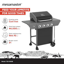 Megamaster Propane 4-Burner Gas Grill, Side Table wiht Warming Rack & Hook