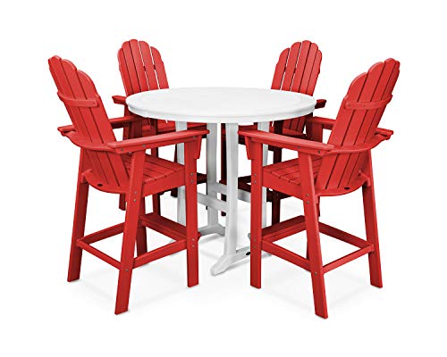 POLYWOOD Vineyard Adirondack 5-Piece Nautical Trestle Bar Set (Sunset Red/White)