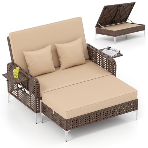 Tangkula Patio Rattan Daybed with 4-Level Adjustable Backrest, Boho Outdoor Wicker Loveseat & Storage Ottoman with Cushion, 2-Person Sun Lounger with Folding Tables for Poolside, Backyard & Garden