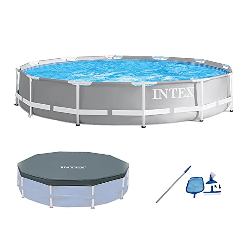 Intex Prism Frame 12ft x 30in Round Above Ground Swimming Pool Set Bundle