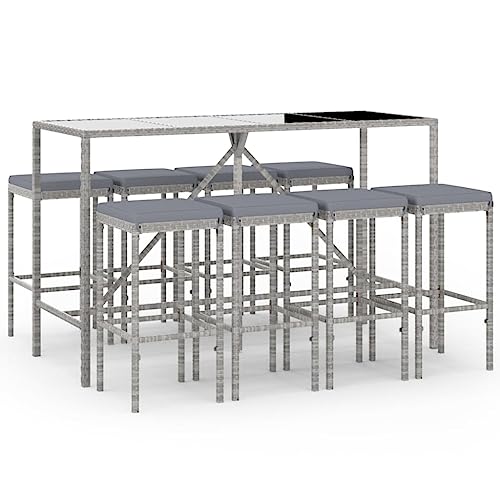 KDVXBCQJH 9 Piece Outdoor Patio Bar Set with Tempered Glass Table Gray