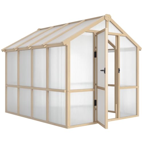 Outsunny 6.6' x 8' Walk-in Polycarbonate Greenhouse Wooden Greenhouse Brown