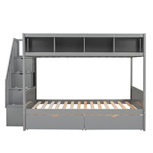 BOVZA Twin Over Full Bunk Bed with Storage Shelves, Drawers & Staircase Grey