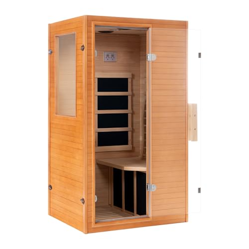 Real Relax Infrared Home Sauna Room 1 Person, Compact Hemlock Wooden 950W Low EMF 6 Heating Plates FAR Infrared Indoor Sauna for Home