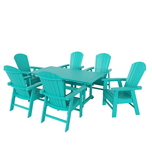 WO Outdoor Adirondack Dining Chair Table 7 PCS Set Retro Aesthetic Furniture for Outside Restaurant Dining, Home, Balcony, Terrace, Lawn, Pool, Deck, Garden (Turquoise)
