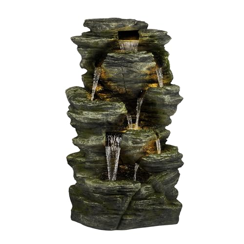 Alpine Corporation WIN1092 Outdoor Multitiered Rock Waterfall Floor Fountain with Warm White LED Lights, 51" Tall, Brown