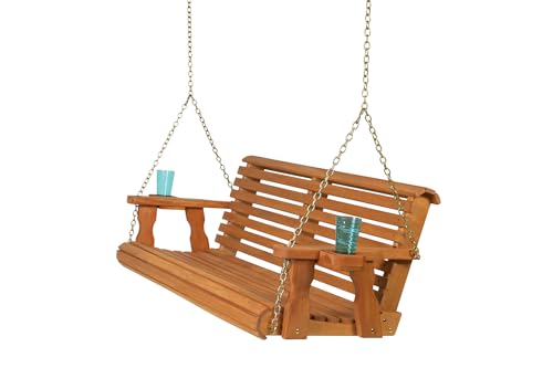 Amish Casual Heavy Duty 700 Lb Capacity Porch Swing with Cup Holders (5 Foot, Cedar Stain) – Wooden Outdoor Roll Back Swing with Hanging Chains – Amish Made in the USA
