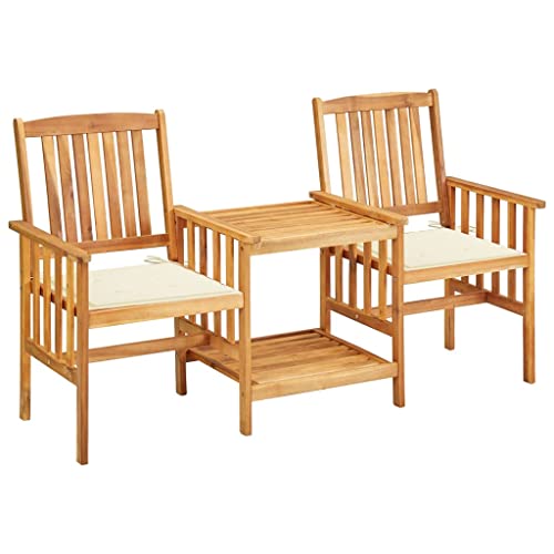 Molumvel Outdoor Bistro Set with Coffee Table and Cushioned Chairs, Solid Acacia Wood Furniture for Patio, Garden, Balcony, Deck, Cream
