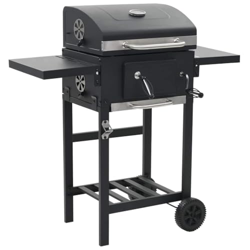 Charcoal BBQ Grill with Adjustable Charcoal Tray, Foldable Side Tables, Integrated Thermometer, and Warming Rack, Portable Backyard Smoker and Outdoor Cooking Station, Black