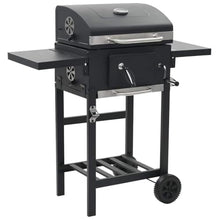 Charcoal-Fueled BBQ Grill with Bottom Shelf, Black, Heavy-Duty Outdoor Charcoal Grill with 2 Enamelled Cooking Grids, Integrated Thermometer, and Foldable Side Tables