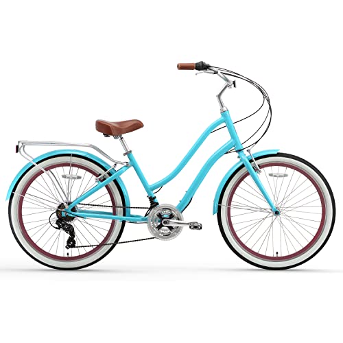 sixthreezero EVRYjourney Women's 21-Speed Step-Through Hybrid Cruiser Bicycle Teal w/Brown Seat/Grips