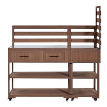 Roomfitters Garden Potting Bench with Wheels, Extra Wide Outdoor Potting Table and BBQ Prep Station, Storage Shelves, Brown