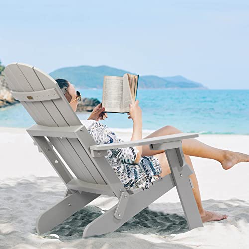 hOmeQomi Folding Adirondack Chairs Set of 4 All Weather Resistant with Cup Holder Grey