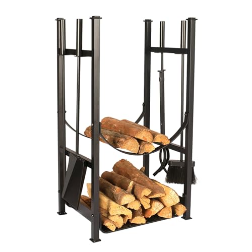 DJVHSRI Outdoor Fireplace Firewood Rack Firewood Log Rack 2-Tier Fireside Wood Stacker with Fireplace Tools Sets, Indoor Outdoor Firewood Holders for Storing Log, Farmhouse Bonfi,