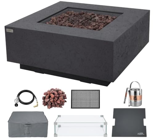 AMS 40" Square Concrete GFRC Natural Gas Fire Pit Table Bundle (Dark Gray)