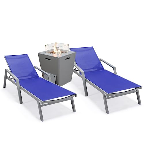 LeisureMod Marlin Grey Aluminum Outdoor Chaise Lounge Set with Fire Pit Table Navy Blue