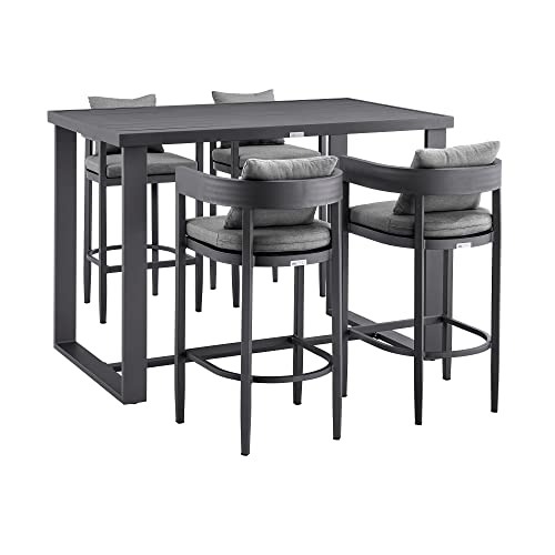 Armen Living Argiope Modern Outdoor Patio Bar Table and Stools Set 5 Piece Dark Grey