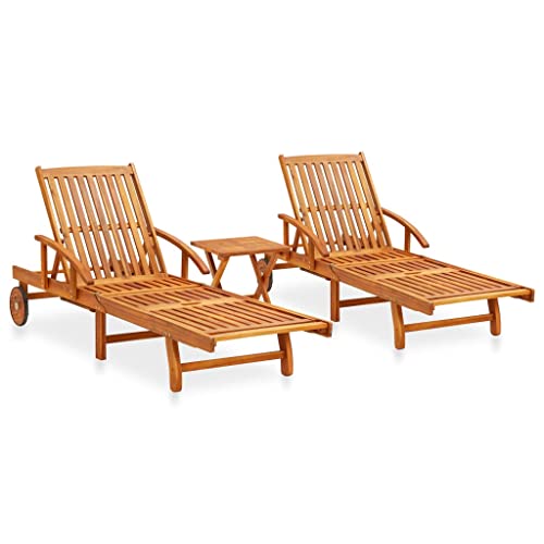 WANGKENSU Outdoor Wood Lounge Chaise,Patio Lounger for Pool,Beach Chair,Outdoor Bed,2 Piece Sunlounger Set with Table Solid Acacia Wood (Brown 78.3" x 26.4" x 11.8 (L x W x H))