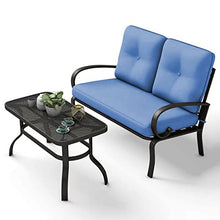 GGGUOJINN 2PC Patio Love Seat Coffee Table Furniture Set Bench W/Cushions Blue Loveseat Coffee Table