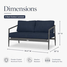 Golden Flame Outdoor Loveseat, 2-Seat Patio Sofa with Powder-Coated Aluminum Frame, Olefin Rope Back, Sunbrella Cushions - Black Finish Frame, Spectrum Indigo Fabric