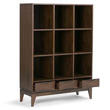 SIMPLIHOME Harper Solid Hardwood Mid Century Modern Cube Storage Bookcase with Drawers Walnut Brown