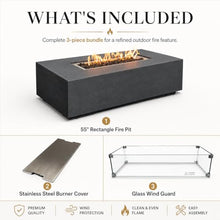 Golden Flame 55" Rectangle Beton Concrete Gas Fire Pit Bundle with Stainless Steel Burner Cover & Glass Wind Guard, 65,000 BTU Outdoor Fire Table, Push Button Ignition, Lava Rock Included - Graphite
