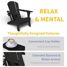 Kingdura Foldable Adirondack Chair, Portable HDPE All Weather Resistant Outdoor Patio Chair, Wooden Textured with Cup Holder, 380LBS Capacity for Poolside, Backyard, Deck, Fire Pit (Black)