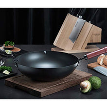 NYTFHMS Carbon Steel Prisoner of War Pot Red Elm Traditional Hand Hammer Wok and Wooden Handle, Special Nonstick Pan for Gas Induction Cooker,Black-B