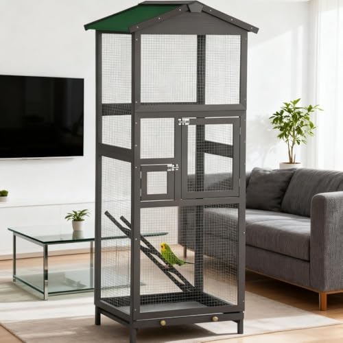 Sturdy Wooden Bird House with Natural Cedar Finish, Ventilated Design and Easy-Clean Slide-Out Tray for Backyard Songbirds (Green + Light Grey + Wood)