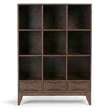 SIMPLIHOME Harper Solid Hardwood Mid Century Modern Cube Storage Bookcase with Drawers Walnut Brown