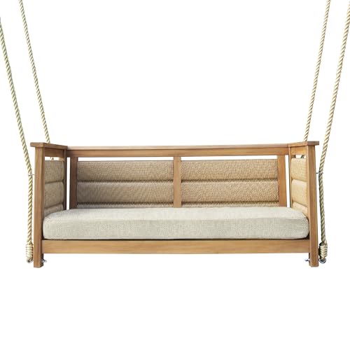 Cambridge Casual Blaine Teak Porch Swing with Tan Cushion – Solid Wood Outdoor Hanging Swing for Porch, Patio, or Garden – Comfortable 2-Seater Weather-Resistant Swing Chair