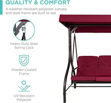 3-Seat Outdoor Large Converting Canopy Swing Glider, Patio Hammock Lounge Chair for Porch,Porch Swing Backyard w/Flatbed, Adjustable Shade, Removable Cushions - Burgundy sadr3