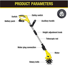 Tiller Rotavator Cordless, 20V Portable Electric Hand Tiller with Rechargeable Battery and Charger, 97-127Cm Adjustable Handle, Hand Held Soil